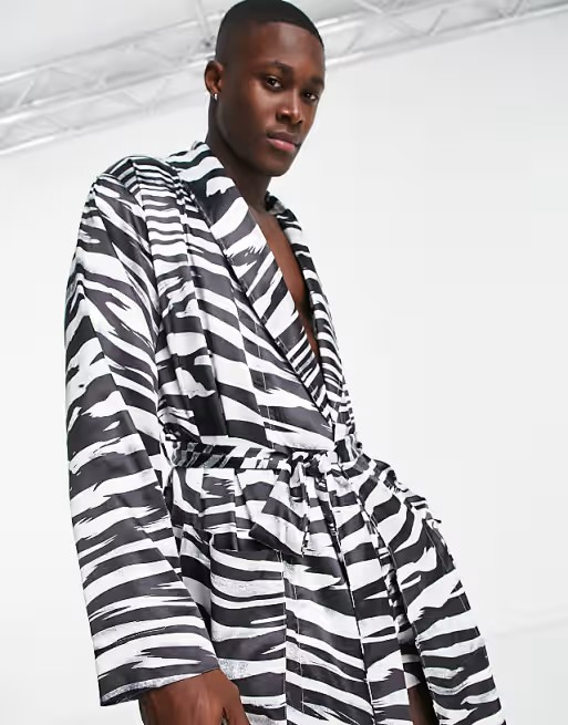 Men ASOS DESIGN lounge co-ord satin dressing gown in zebra print