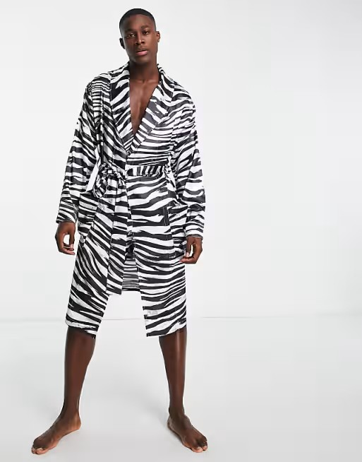 Men ASOS DESIGN lounge co-ord satin dressing gown in zebra print
