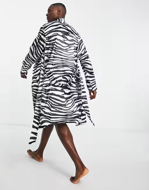 Men ASOS DESIGN lounge co-ord satin dressing gown in zebra print